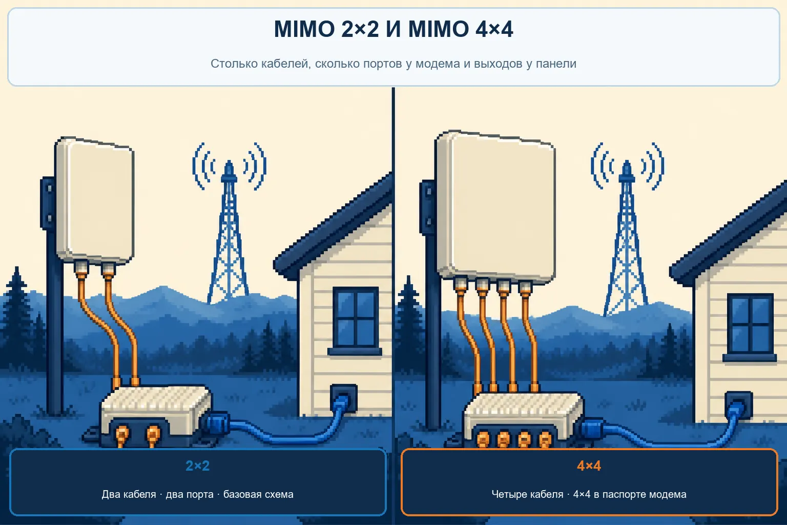 Сравнение MIMO 2×2 и 4×4: число кабелей и портов модема