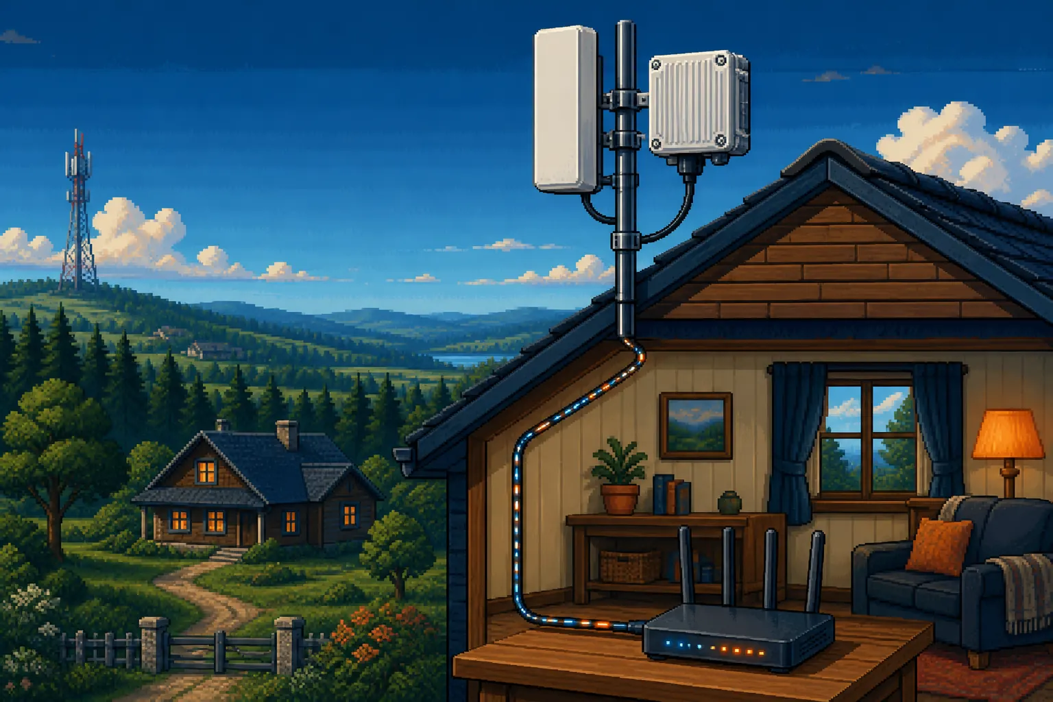 Уличный 4G-модем рядом с направленной антенной и Ethernet-кабель до роутера в доме